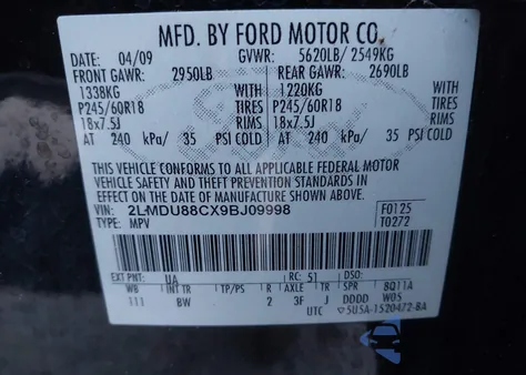 2009 Lincoln Mkx из США, поврежденный, VIN 2LMDU88CX9BJ09998